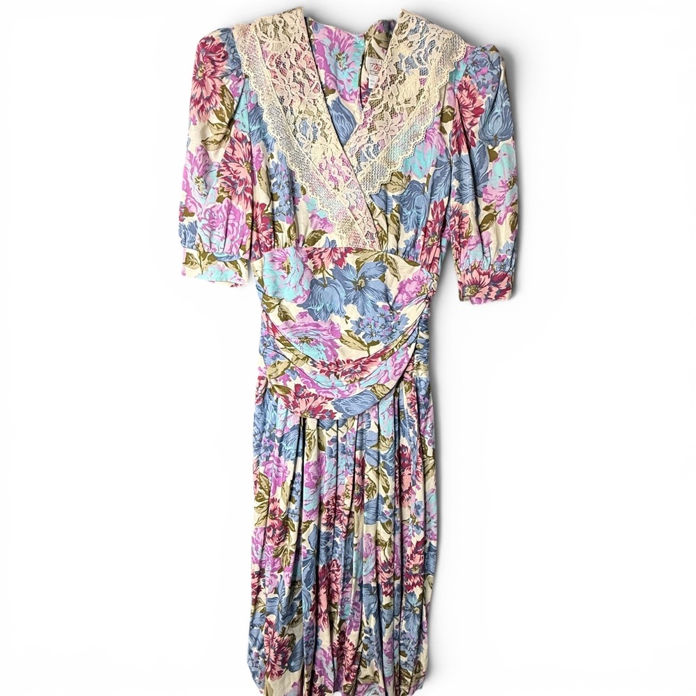 Milano Vintage 80s Floral Lace V-Neck Midi Dress Made in USA Rayon Size 7